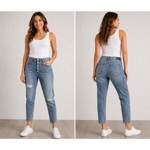 Express Skinny High Rise Light Wash Button Fly Distressed Jean Size 14R Women's
